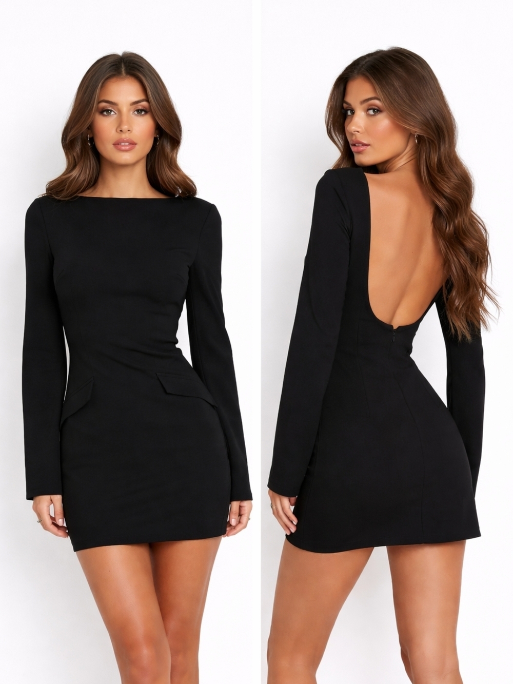 Elegant Long-Sleeve Black Mini Dress with Open Back